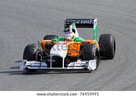 BARCELONA - FEBRUARY 18: Paul Di Resta (Force India) tests his F1 car during Formula One Teams Test Days at Catalunya circuit on February 18, 2011 in Barcelona, Spain.