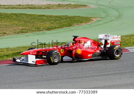 BARCELONA - FEBRUARY 18: Fernando Alonso (Ferrari) tests his F1 car during Formula One Teams Test Days at Catalunya circuit February 18, 2011 in Barcelona (Spain).