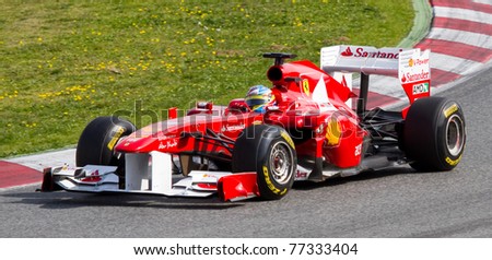 BARCELONA - FEBRUARY 18: Fernando Alonso (Ferrari) tests his F1 car during Formula One Teams Test Days at Catalunya circuit February 18, 2011 in Barcelona (Spain).