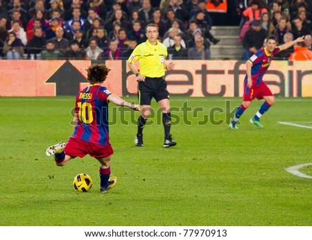 BARCELONA - DECEMBER 13: Leo Messi (10) in action on the soccer field at Nou Camp Stadium on Dec. 13, 2010 in Barcelona, Spain. The Spanish Soccer League team FC Barcelona beat the Real Sociedad, 5-0.