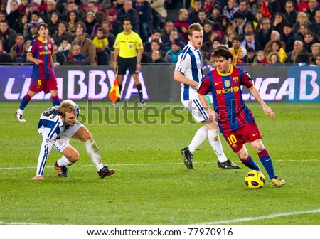 BARCELONA - DECEMBER 13: Leo Messi (10) in action on the soccer field at Nou Camp Stadium on Dec. 13, 2010 in Barcelona, Spain. The Spanish Soccer League team FC Barcelona beat the Real Sociedad, 5-0.