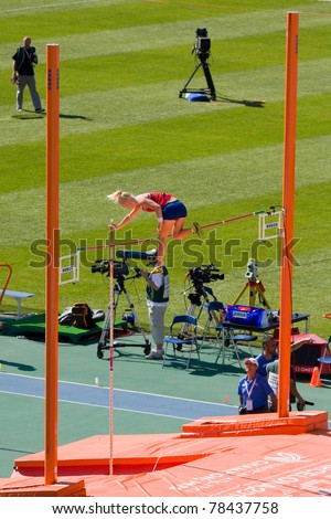 BARCELONA - JULY 28: Cathrine Larsasen from Norway clears the pole vault at the European Athletics Championships Barcelona 2010 on July 28, 2010 in Olympic Stadium, Barcelona, Spain.