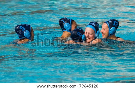 BARCELONA - APRIL 10: Sant Andreu water polo players celebrate their victory after the women Spanish league match between CN Mataro and Sant Andreu, final score 4 - 7 on April 10, 2011 in Mataro, Spain.