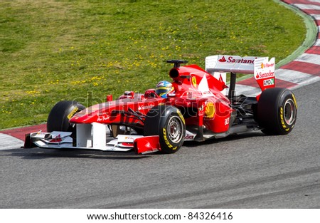 BARCELONA - FEBRUARY 18: Fernando Alonso of Ferrari tests his F1 car during Formula One Teams Test Days at Catalunya circuit, on February 18, 2011 in Barcelona, Spain.