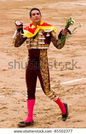 BARCELONA - SEPTEMBER 24: The torero Jose Maria Manzanares celebrating his success at the last bullfight in Catalonia before the government prohibition, on September 24, 2011 in Barcelona, Spain.