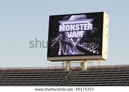BARCELONA, SPAIN - NOVEMBER 12: Giant screen of Lluis Companys Olympic stadium during Monster Jam spectacle, on November 12, 2011, in Barcelona, Spain.
