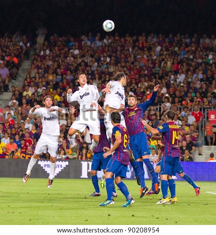 BARCELONA AUGUST 17 Cristiano Ronaldo 7 in action during the Spanish Super Cup final match between FC Barcelona and Real Madrid 3 2 on August 17 2011 in Camp Nou stadium Barcelona Spain. BARCELONA AUGUST 17 Cristiano Ronaldo 7 in action during the Spanish Super Cup final match between FC Barcelona and Real Madrid 3 2 on August 17 2011 in Camp Nou stadium Barcelona Spain.