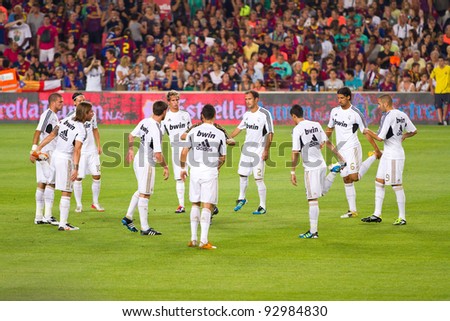 BARCELONA - AUGUST 17: Madrid players warm-up before the Spanish Super Cup final match between FC Barcelona and Real Madrid, 3 - 2, on August 17, 2011 in Camp Nou stadium, Barcelona, Spain.