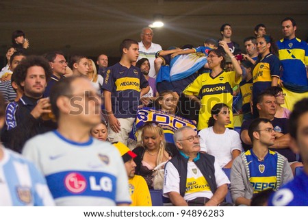 BARCELONA - JULY 27: Boca Juniors supporters cheer during the Ciutat de Barcelona Trophy match between Espanyol and Boca Juniors, final score 3 - 1, on July 27, 2011 in Cornella stadium, Barcelona, Spain.