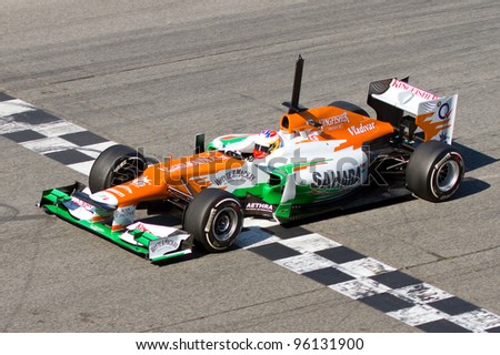 BARCELONA - FEBRUARY 21: Paul Di Resta of Force India F1 team racing during Formula One Teams Test Days at Catalunya circuit on February 21, 2012 in Barcelona, Spain.