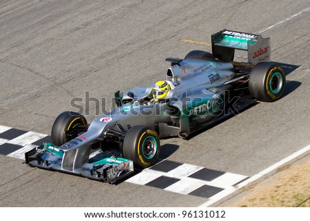 BARCELONA - FEBRUARY 21: Nico Rosberg of Mercedes GP F1 team races during Formula One Teams Test Days at Catalunya circuit on February 21, 2012 in Barcelona, Spain.