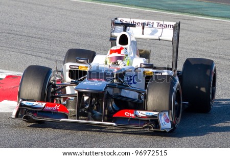 BARCELONA - FEBRUARY 21: Sergio Perez of Sauber F1 team races during Formula One Teams Test Days at Catalunya circuit on February 21, 2012 in Barcelona, Spain.