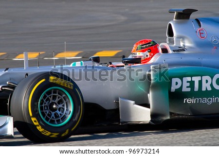 BARCELONA - FEBRUARY 21: Michael Schumacher of Mercedes F1 team racing during Formula One Teams Test Days at Catalunya circuit on February 21, 2012 in Barcelona, Spain.