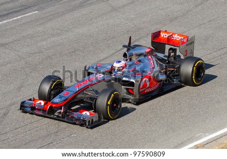 BARCELONA - FEBRUARY 21: Jenson Button of McLaren F1 team racing at Formula One Teams Test Days at Catalunya circuit on February 21, 2012 in Barcelona, Spain.