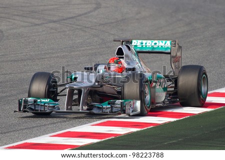 BARCELONA - MARCH 4: Michael Schumacher of Mercedes F1 team races during Formula One Teams Test Days at Catalunya circuit on March 4, 2012 in Barcelona, Spain.