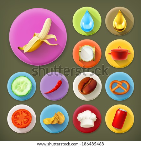 Kitchen and Cooking, long shadow icon set