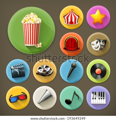 Cinema music and theater long shadow icon set Cinema music and theater long shadow icon set