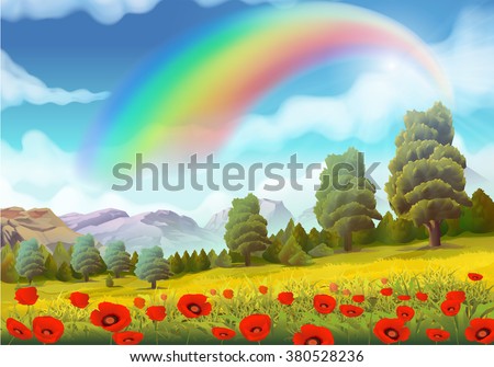 Spring landscape, poppies and rainbow vector background