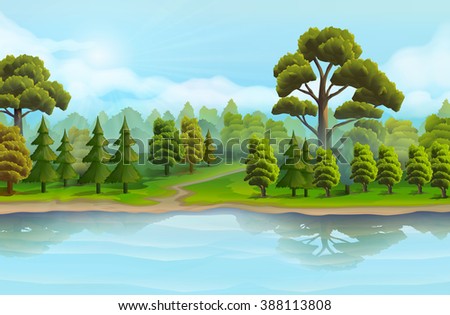 River and the forest, nature landscape, vector background