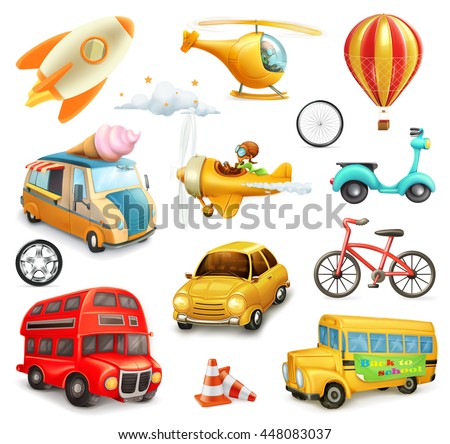 Funny cartoon transportation, cars and airplanes set of vector icons