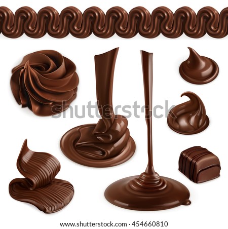Chocolate, cocoa butter, whipped cream, milk chocolate, pastry and desserts, set of vector 3d graphic
