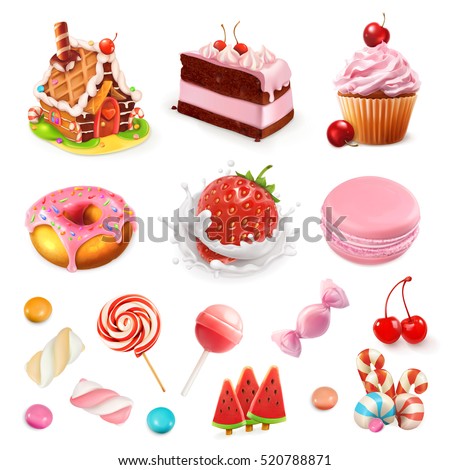 Confectionery and desserts. Strawberry and milk, cake, cupcake, candy, lollipop. Pink 3d vector icon set