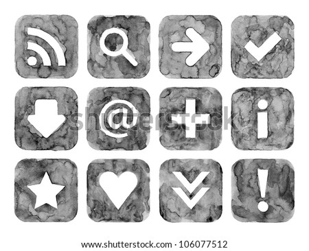 Aquarelle created in hand made technique. Grayscale color watercolor web buttons set with basic internet sign on white background