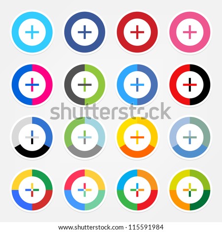 Simple popular social networks icon with plus sign. Colored circle shape internet button with white stroke and drop shadow on gray background
