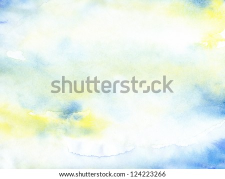 Watercolor macro texture background. Abstract aquarelle blue and yellow backdrop pictured. Paintbrush hand made technique. Image of horizontal format