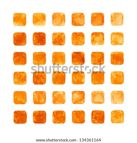 Orange color watercolor blank rounded square shapes web buttons on white background. Abstract aquarelle colorful backdrop. Hand made technique image of square format.