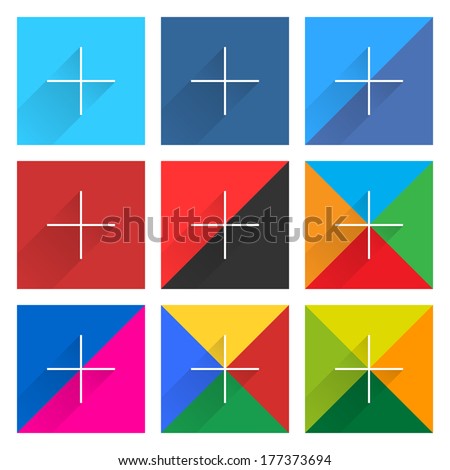 Buy and Sell Stock Vector illustration: Square button popular social network web icon set with plus adding sign in flat style