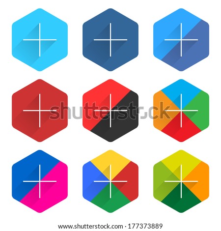 Buy and Sell Stock Vector illustration: Hexagon button popular social network web icon set with plus adding sign in flat style