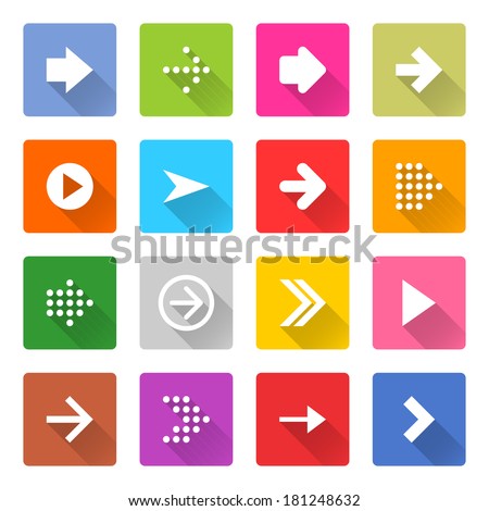 16 arrow icon set 01 (white sign on color). Square web button on white background. Simple minimalistic mono flat long shadow style. Vector illustration internet design graphic element 10 eps