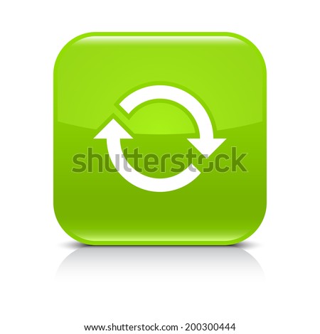 Green icon with white arrow repeat, reload, refresh, rotation sign. Set 02. Rounded square button with gray reflection, black shadow on white background. Vector illustration web design in 8 eps