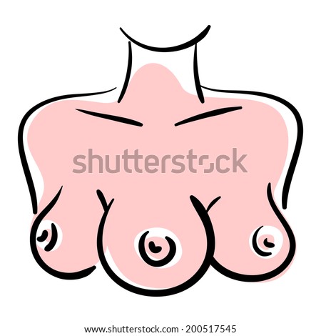 Buy and Sell Stock Vector illustration: Sexy woman with three breasts isolated on a white background. Funny cartoon with 3 female boobs