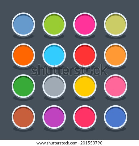 16 3d blank icon in flat style. Set 01 (clicked variant). Colored soft circle button with oval shadow on gray background. Vector illustration web internet design element saved in 8 eps