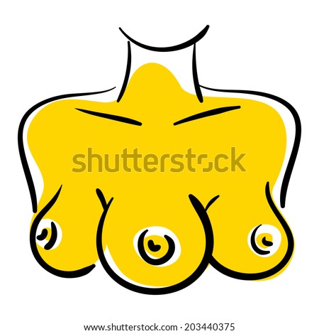 Buy and Sell Stock Vector illustration: Woman with three breasts isolated on a white background. 3 female boobs. Black and yellow color. Vector illustration in 8 eps