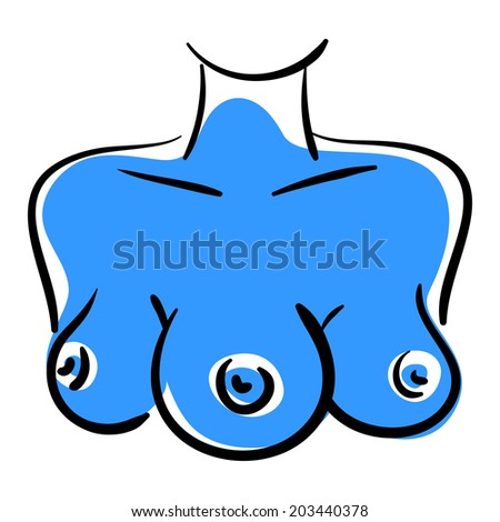 Buy and Sell Stock Vector illustration: Woman with three breasts isolated on a white background. 3 female boobs. Black and blue color sketch drawing isolated on a white background