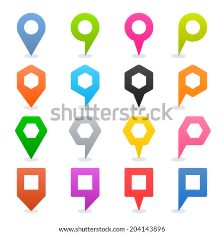 16 map pins sign location icon with oval shadow in flat style. Set 02. Blue green pink orange gray black yellow brown violet colored shapes on white background. Vector illustration element in 8 eps
