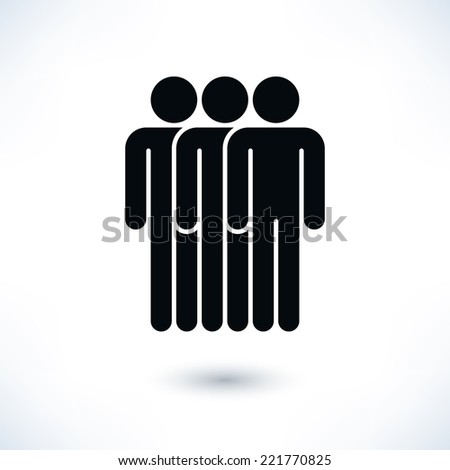 Black logotype three people (man figure) in flat style. Simple silhouette information sign with gray drop shadow isolated on white background. Graphic design elements in vector illustration 8 eps