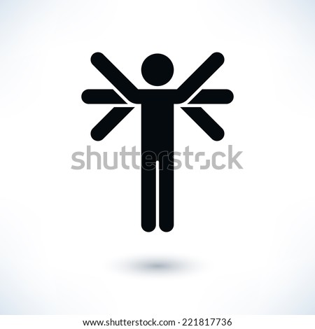 Black logotype people (man\'s figure) with many hands or wings in flat style. Simple silhouette sign with gray shadow isolated on white background. Graphic design elements in vector illustration 8 eps