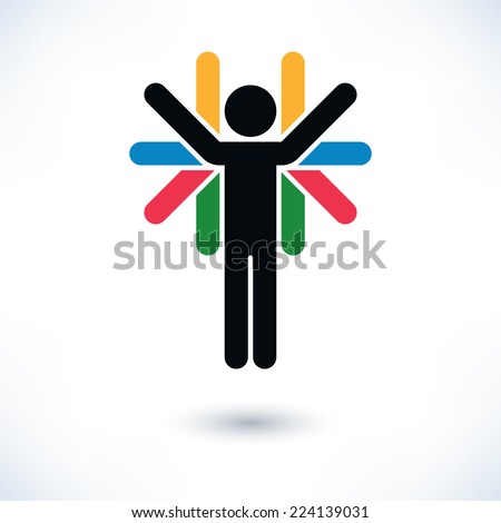 Color sign people (man's figure) with many hands in flat style. Simple silhouette with gray shadow isolated on white background. Graphic design elements in vector illustration 8 eps