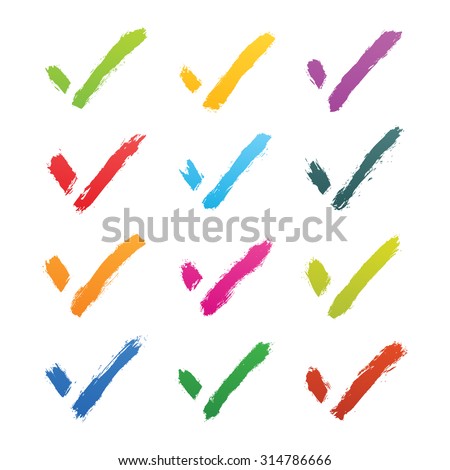 Brushstroke check mark sign isolated on white background. Green, yellow, violet, purple, red, magenta, blue, pink, orange, brown colors. This vector illustration clip-art element for design in 8 eps