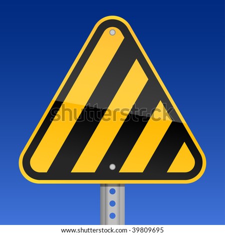 Road warning sign with yellow and black warning stripes on a sky background