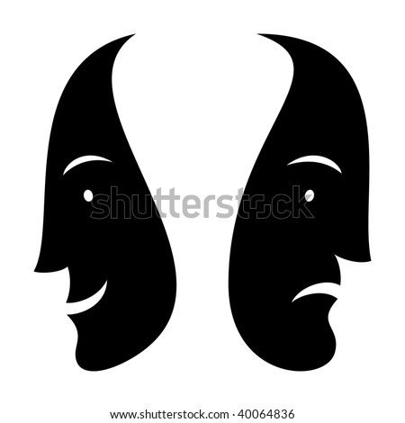 Black silhouette ink drawing sad man and smiled woman faces on white