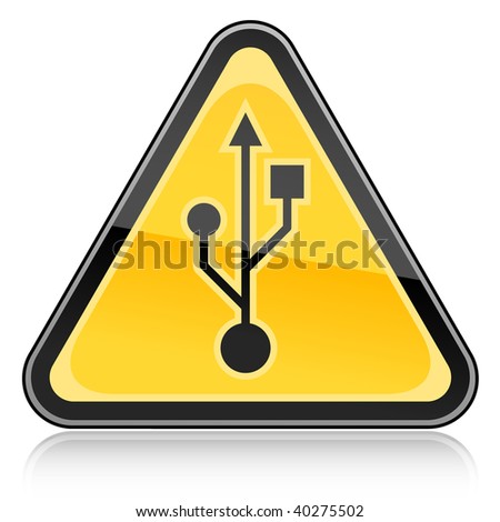 Yellow hazard warning sign with USB symbol on a white background