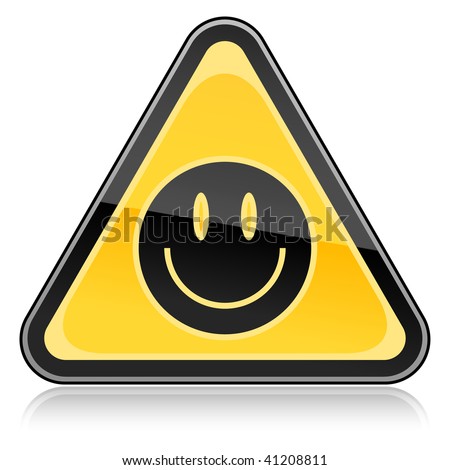 Yellow hazard warning sign with black smiley face symbol on a white background