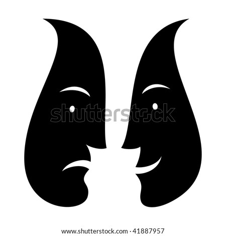 Black silhouette ink drawing man who is sad and the woman who smiles on white background