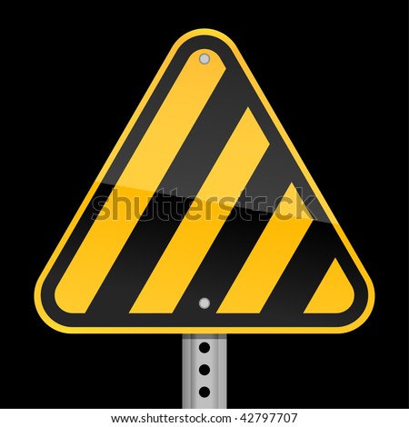 Road yellow hazard warning sign witn warning stripes on a black background