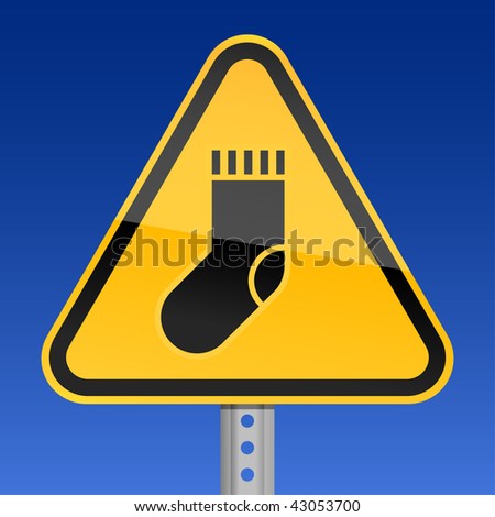 Yellow road warning sign with black sock symbol on blue sky background